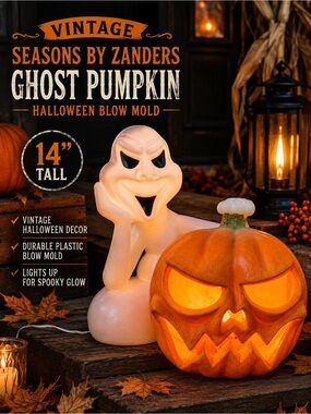 Vintage Halloween Blow Mold Ghost Pumpkin 14” Seasons by Zanders Plastic